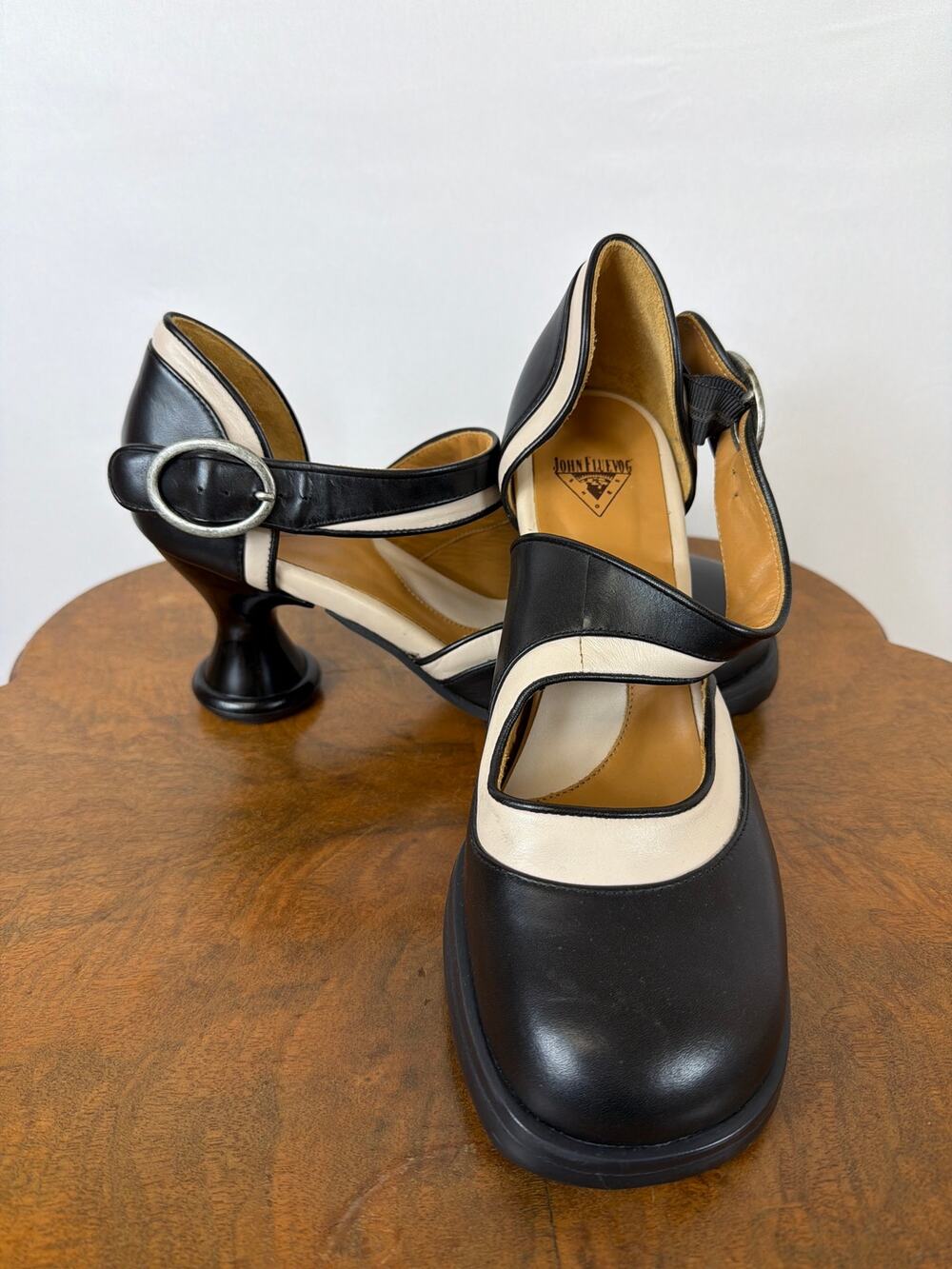 John Fluevog Black & Ivory Leather Buckle Heels Size 10